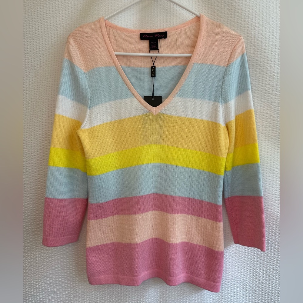 ELENA WANG NWT Pastel Stripe V Neck Lightweight Knit Sweater XS 3/4 Sleeve